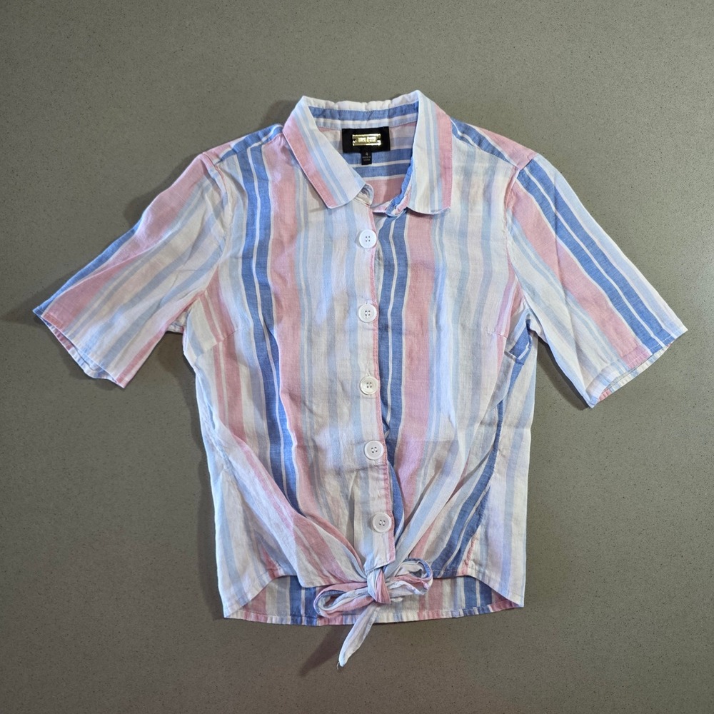 Alexia Admor Womens Blue Pink Striped Linen Cotton Tie Front Shirt Size 4